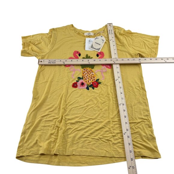 Entro Womens Embroidered Flamingo & Pineapple T-Shirt Yellow M - Picture 3 of 6
